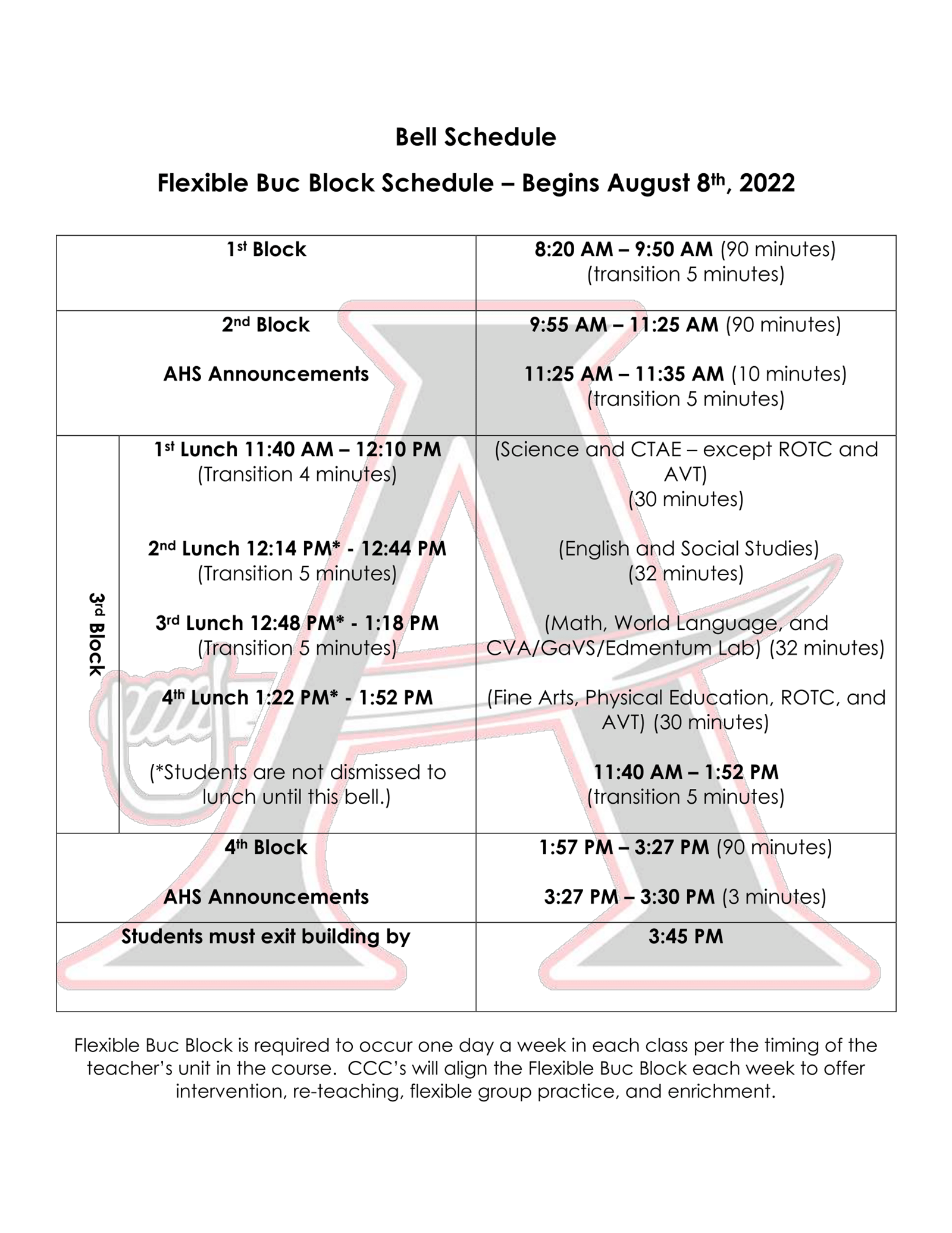 Bell Schedule - Flexible Buc Block Schedule - Begins 8/8/2022