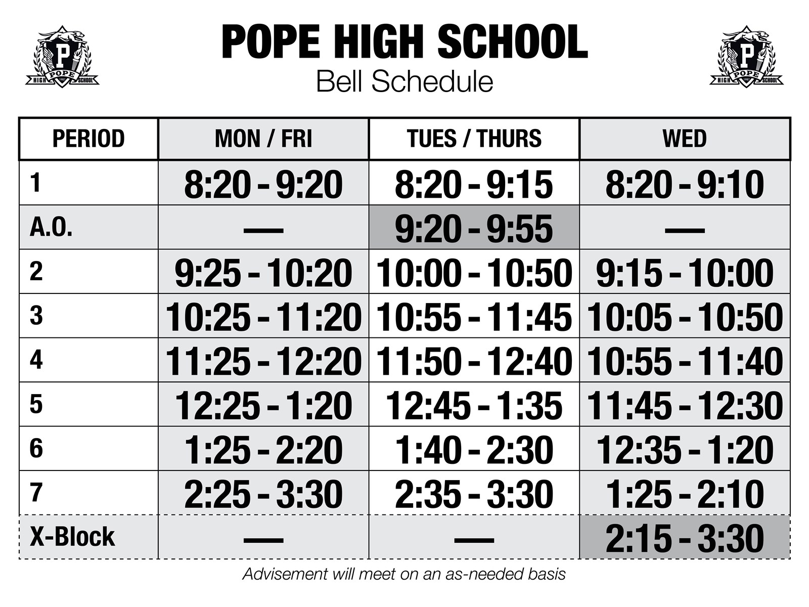 Pope High School bell schedule