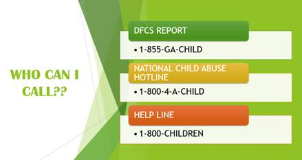 DFCS, National Child Abuse Hotline, and Help Line contact phone numbers