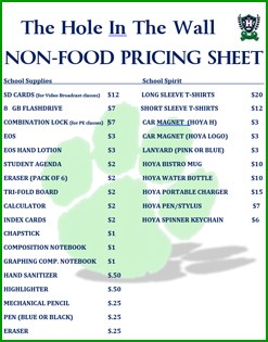 The Hole in the Wall Non-Food Pricing Sheet