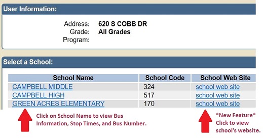 Once you enter your address, results like below will provide your school/bus information.