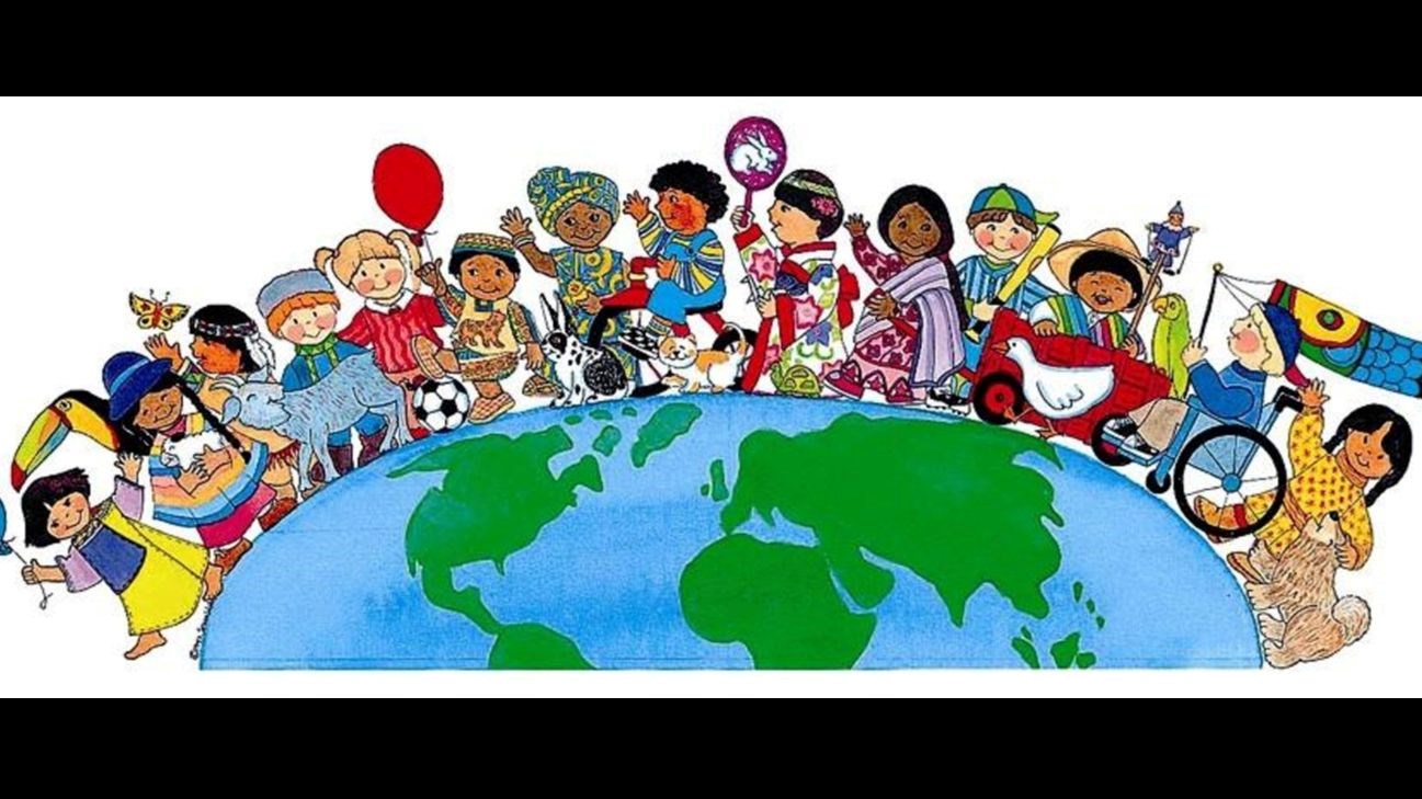 Earth with children from many different countries wearing traditional costumes