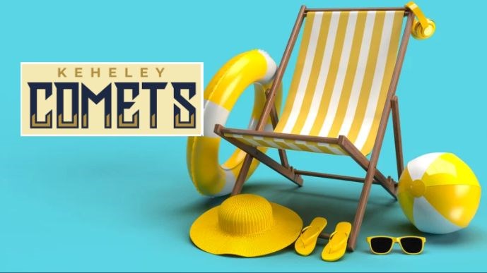 Keheley Comets in yellow box with a yellow striped beach chair, float, hat, flip flops, sunglasses and beach ball