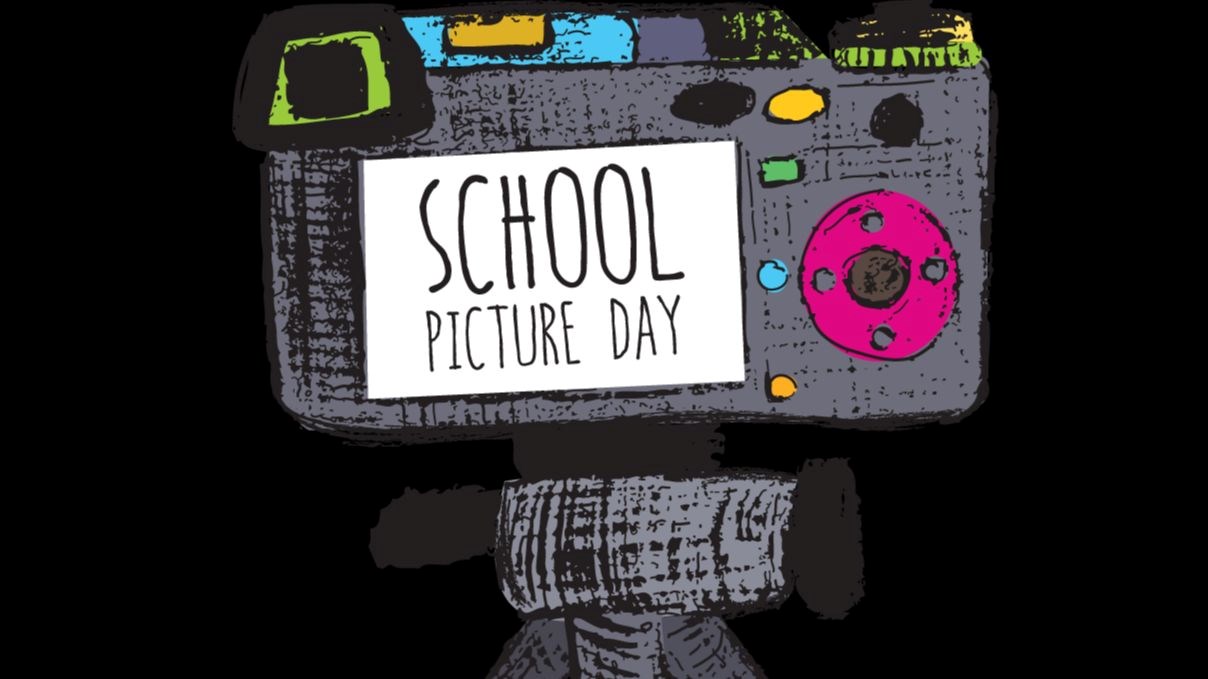 Camera on tripod with words "school picture day" on screen