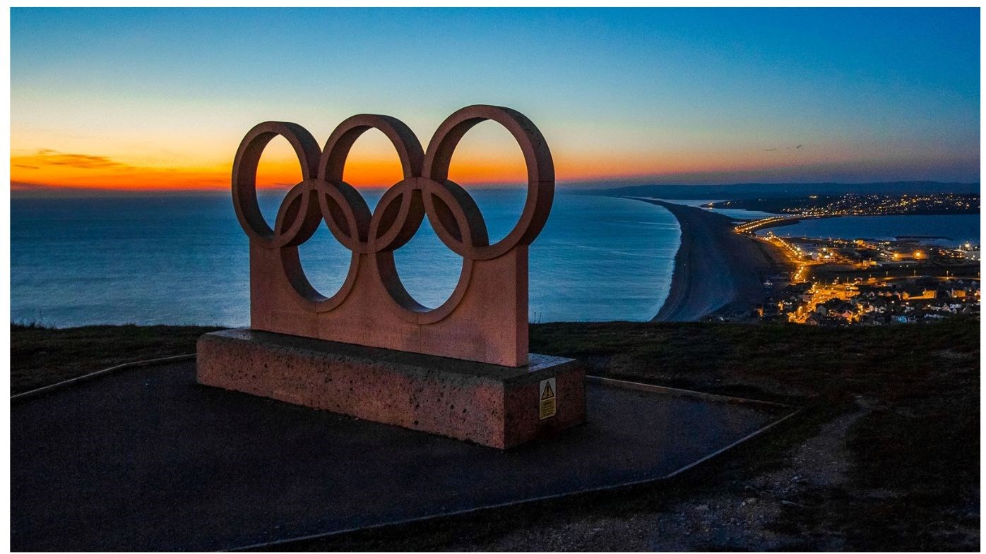 Olympic rings at sunset