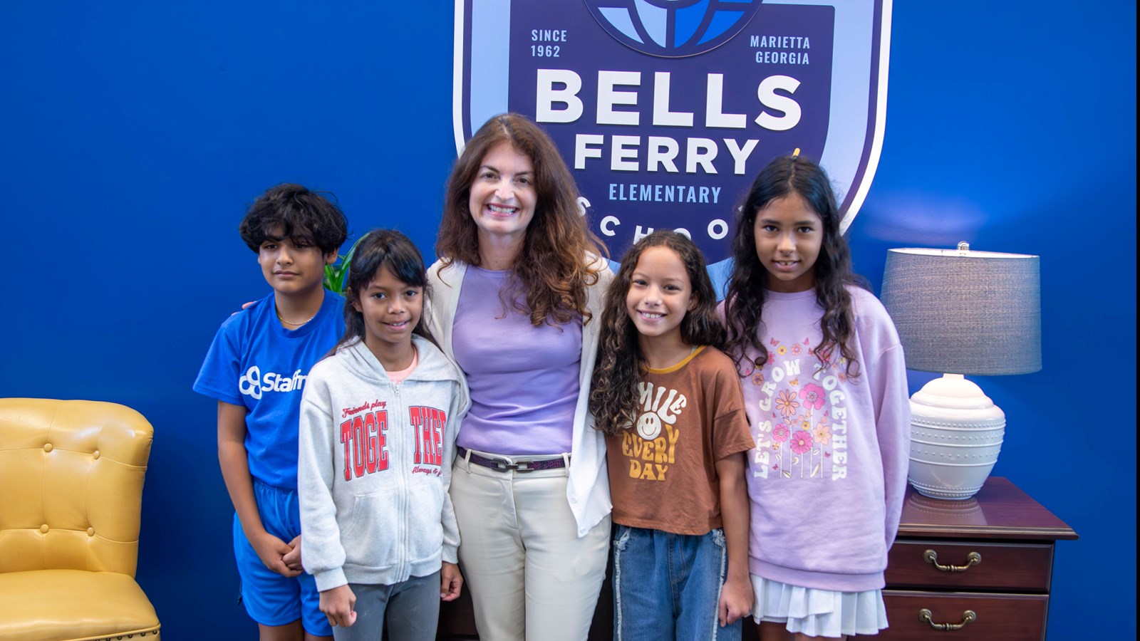 Dr. Elizabeth Goff, joins her students at Bells Ferry Elementary School after learning that she is the Cobb Schools District Teacher of the Year.